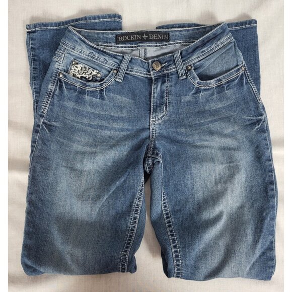 (2) Rockin Denim Jeans Womens (6) Bootcut Stretch Cowgirl Wing Embroidery Bling - Picture 7 of 15